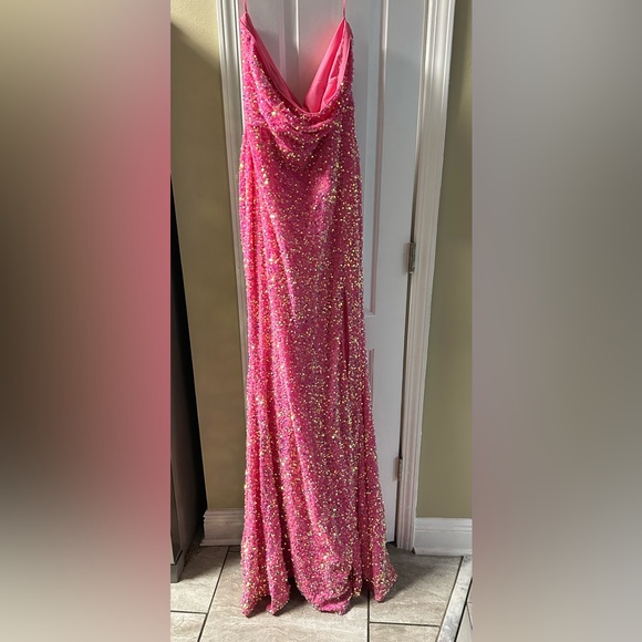 Fashion Nova Vibrant Pink Sequin Gown with Gold Sparkle - Picture 2 of 4